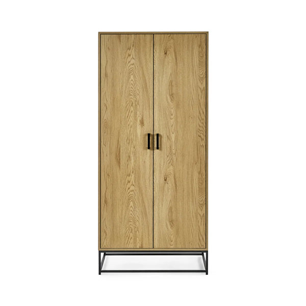 Julian Bowen Harlow 2 Door Wardrobe in Light Oak Effect with Hanging Rail, Storage Shelf & Black Recessed Handles