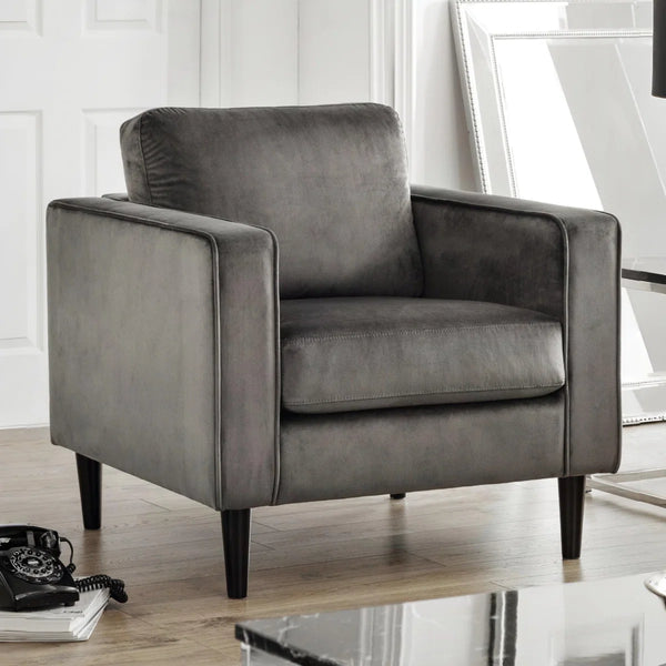 Julian Bowen Hayward Velvet Armchair – Contemporary Upholstered Accent Chair with Deep Pile Grey Velvet & Choice of Black or Light Oak Legs