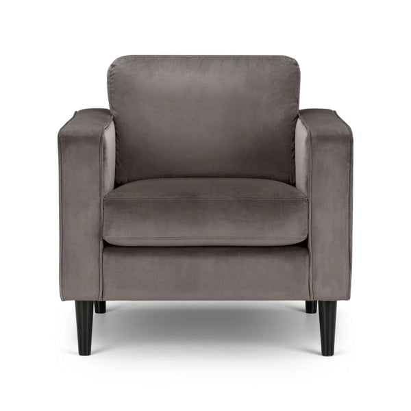 Julian Bowen Hayward Velvet Armchair – Contemporary Upholstered Accent Chair with Deep Pile Grey Velvet & Choice of Black or Light Oak Legs