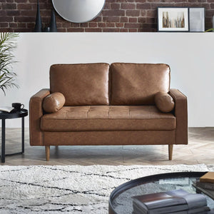 Henley 2 Seater Brown Faux Leather Sofa with Button Detailing & Bolster Cushions