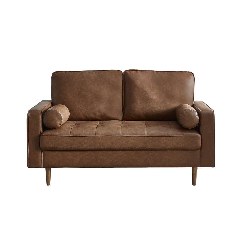Henley 2 Seater Brown Faux Leather Sofa with Button Detailing & Bolster Cushions