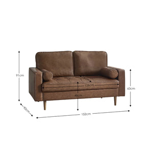 Henley 2 Seater Brown Faux Leather Sofa with Button Detailing & Bolster Cushions
