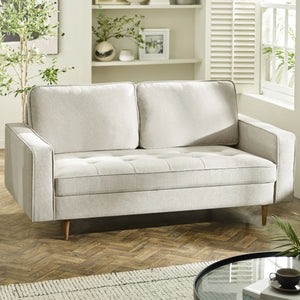 Henrietta Beige Chenille 3 Seater Sofa with Tufted Seat & Wooden Legs