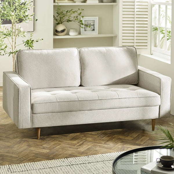 Henrietta Beige Chenille 3 Seater Sofa with Tufted Seat & Wooden Legs