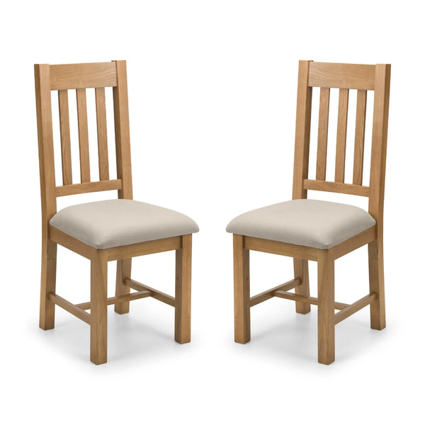 Hereford Solid White Oak Dining Chairs Set of 2 with Taupe Linen Upholstered Seats, Slatted Back, Waxed Finish, Wooden Dining Chair Pair