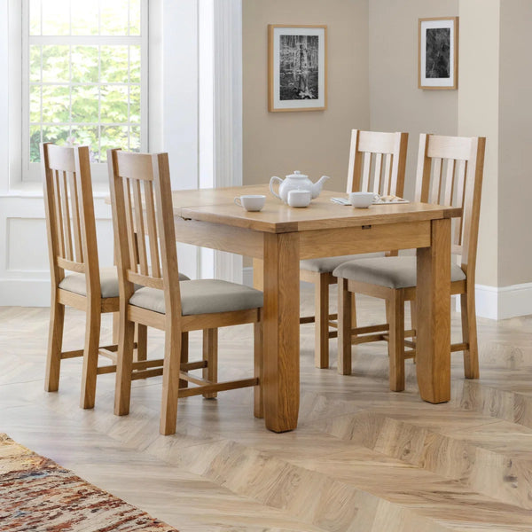 Hereford Solid White Oak Dining Chairs Set of 2 with Taupe Linen Upholstered Seats, Slatted Back, Waxed Finish, Wooden Dining Chair Pair