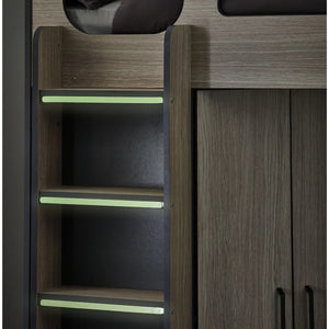 Hercules High Sleeper Bed with Wardrobe, Shelving & Glow-in-the-Dark Steps – Wood Grain & Anthracite