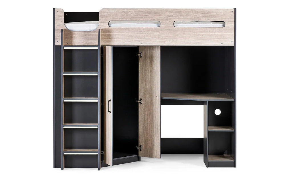 Hercules High Sleeper Bed with Wardrobe, Shelving & Glow-in-the-Dark Steps – Wood Grain & Anthracite