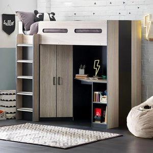 Hercules High Sleeper Bed with Wardrobe, Shelving & Glow-in-the-Dark Steps – Wood Grain & Anthracite