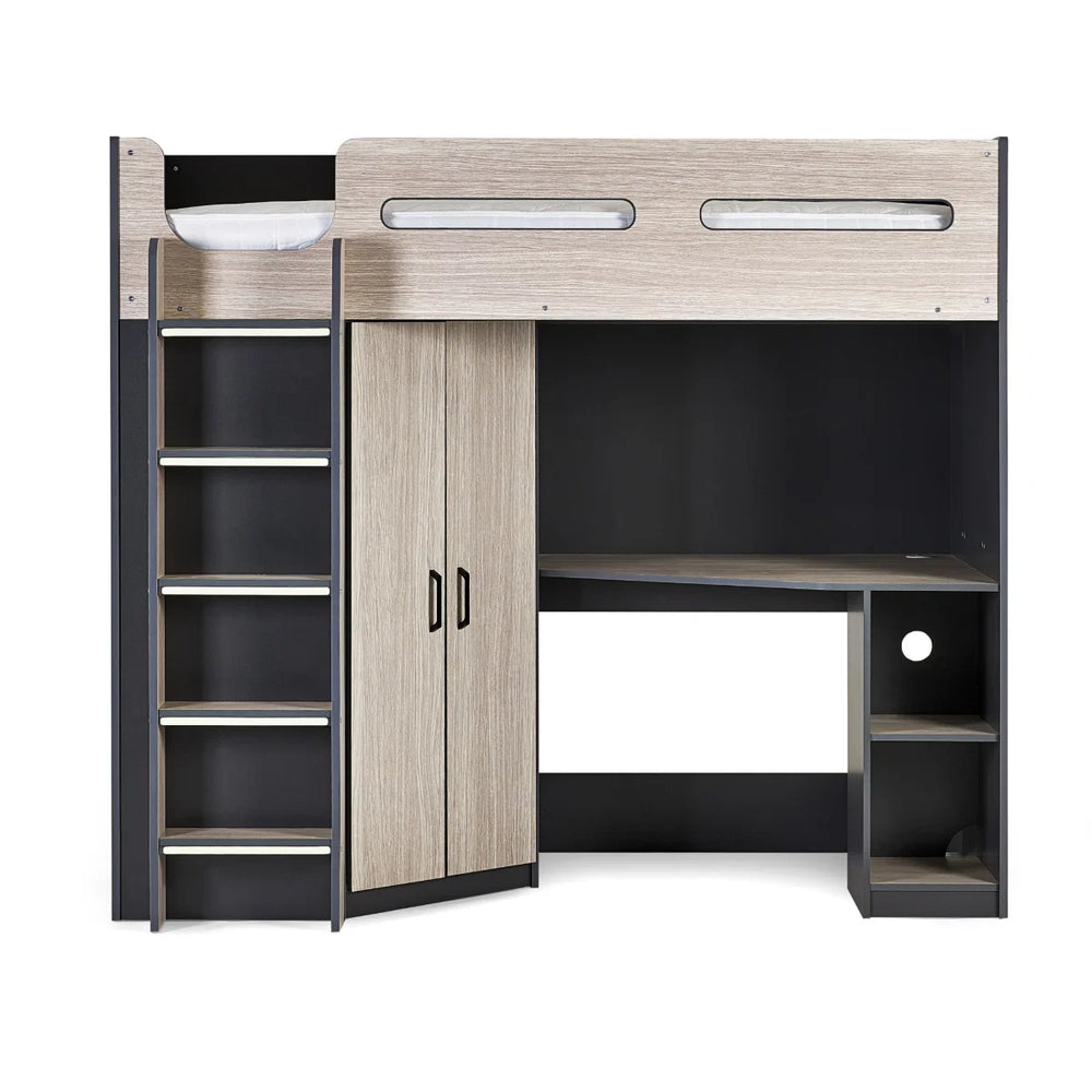 Hercules High Sleeper Bed with Wardrobe, Shelving & Glow-in-the-Dark Steps – Wood Grain & Anthracite