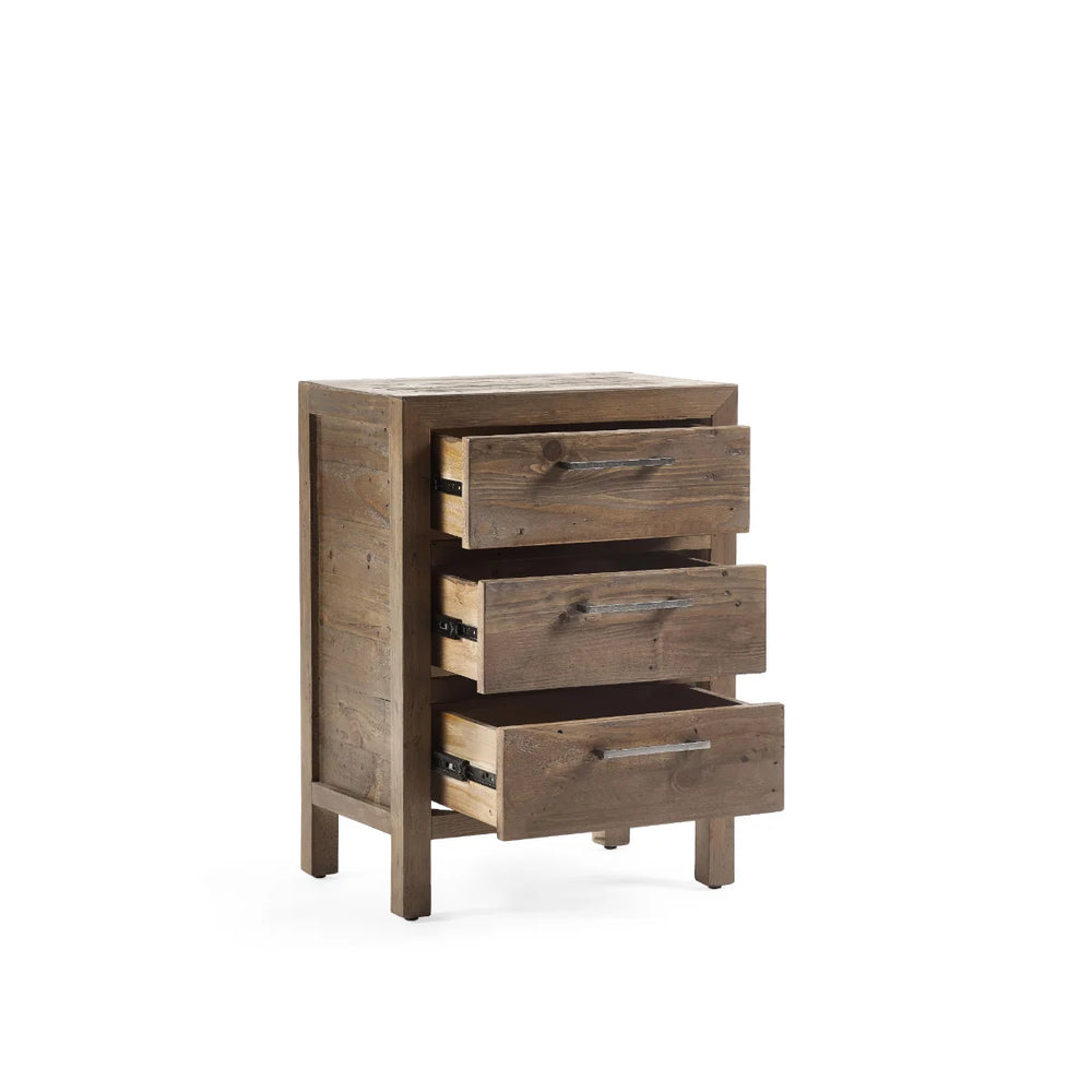 Heritage Reclaimed Wood 3 Drawer Bedside Cabinet with Industrial Metal Handles