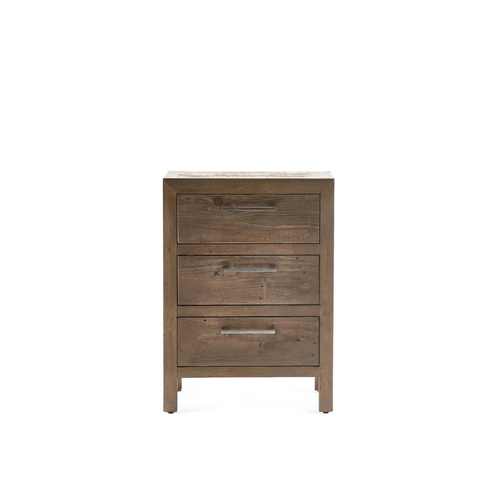 Heritage Reclaimed Wood 3 Drawer Bedside Cabinet with Industrial Metal Handles