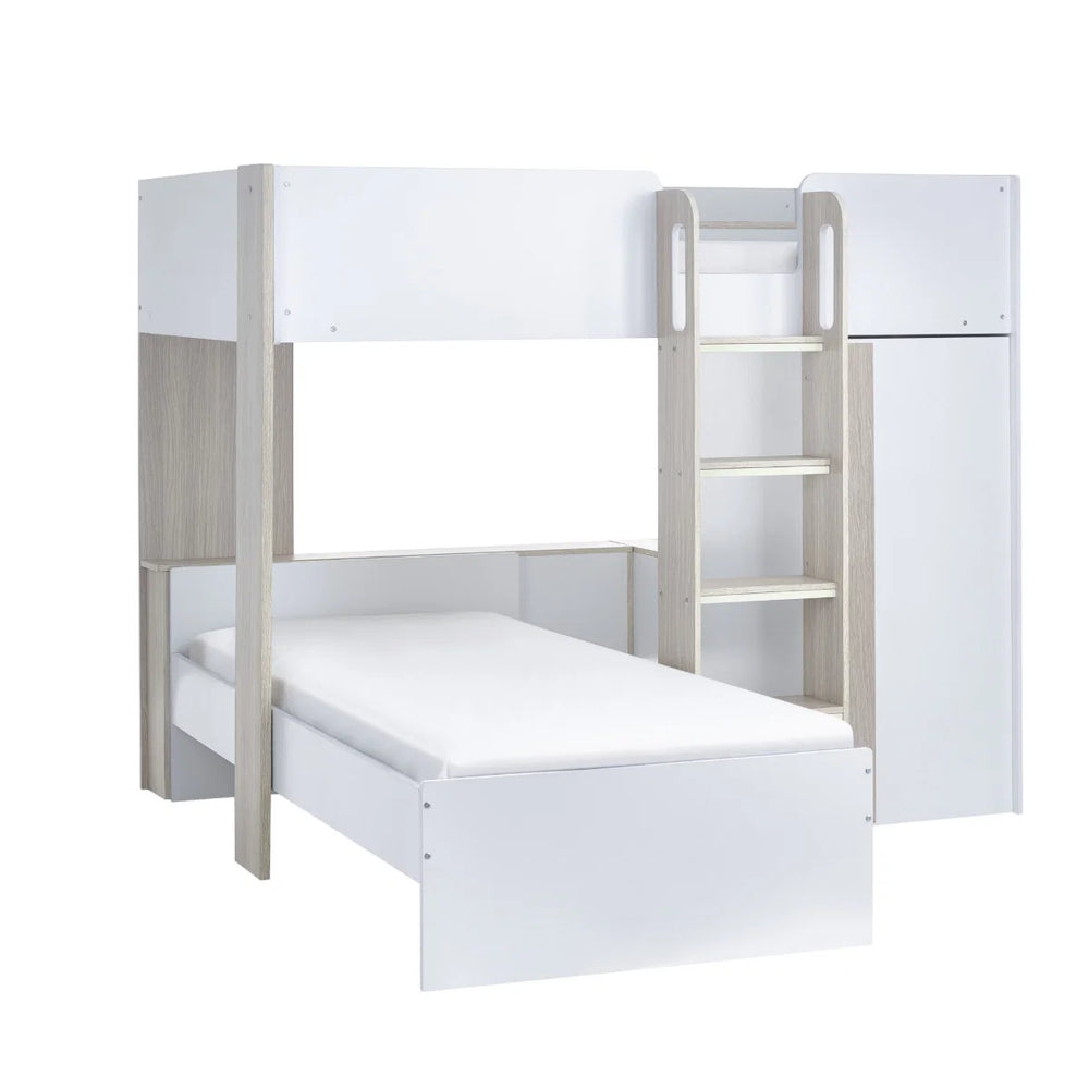 Horizon Wooden Bunk Bed with Wardrobe, Shelving & Glow-in-the-Dark Steps – Pale Wood & White