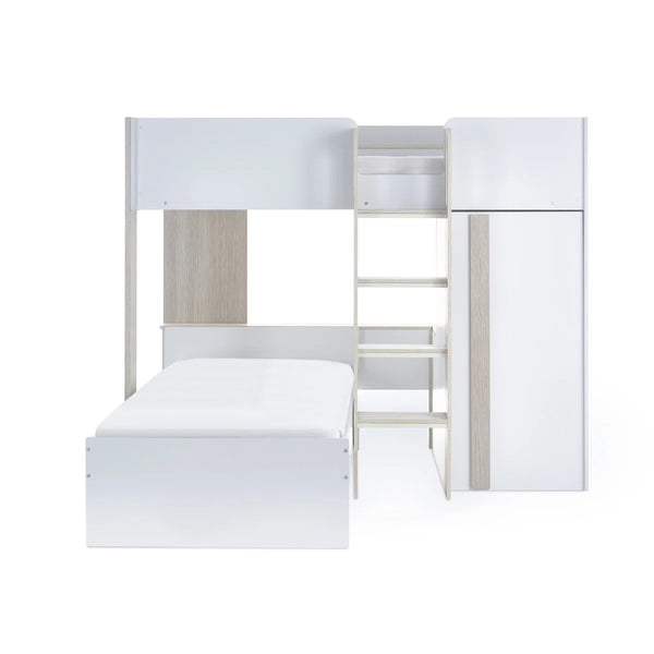 Horizon Wooden Bunk Bed with Wardrobe, Shelving & Glow-in-the-Dark Steps – Pale Wood & White