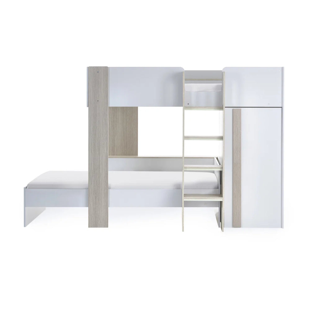 Horizon Wooden Bunk Bed with Wardrobe, Shelving & Glow-in-the-Dark Steps – Pale Wood & White