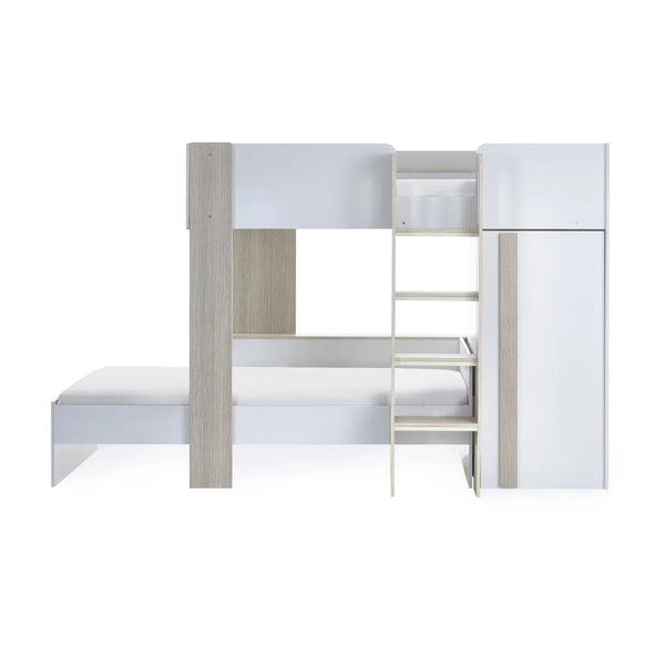 Horizon Wooden Bunk Bed with Wardrobe, Shelving & Glow-in-the-Dark Steps – Pale Wood & White
