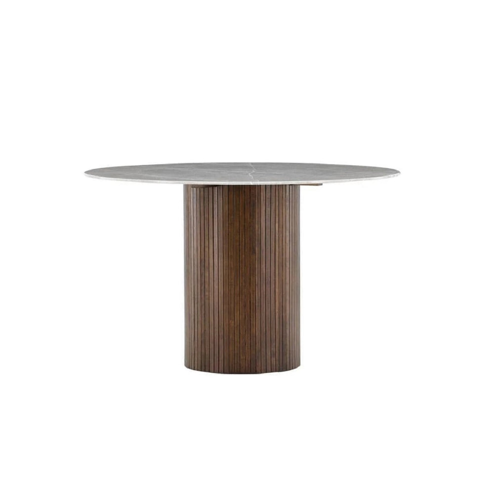 Härön Round Dining Table – Ribbed Dark Brown Base with Stone Top
