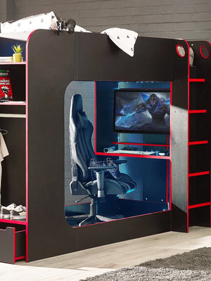 Julian Bowen Impact Gaming Bunk Bed with Desk, Storage Shelves & Hanging Rail – Black & Red