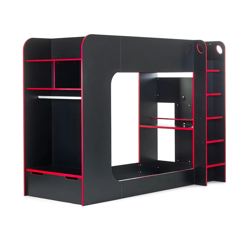 Julian Bowen Impact Gaming Bunk Bed with Desk, Storage Shelves & Hanging Rail – Black & Red