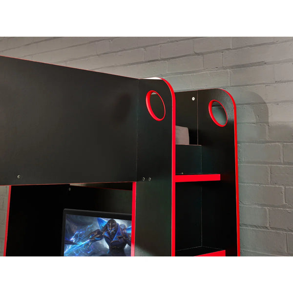 Julian Bowen Impact Gaming Bunk Bed with Desk, Storage Shelves & Hanging Rail – Black & Red