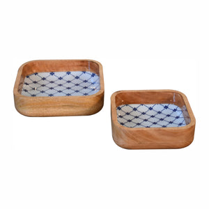 Blue and white floral interior of mango wood square bowl
