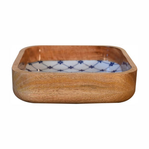 Blue floral square serving bowls handcrafted from mango wood