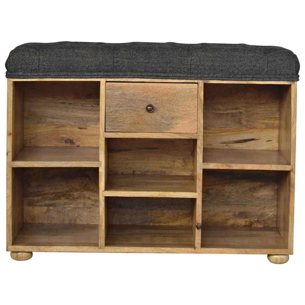Black tweed cushioned shoe storage bench with one drawer and six open shelves in solid mango wood