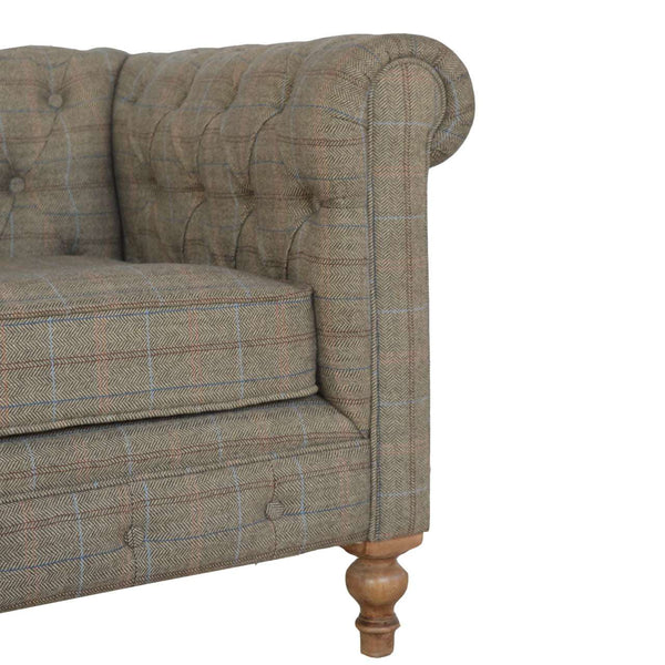Multi Tweed Chesterfield sofa with natural finish turned legs