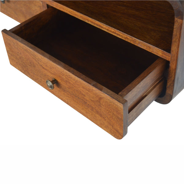 Curved solid mango wood floating console in chestnut finish