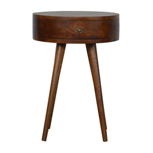 Nordic chestnut bedside table with round design and drawer
