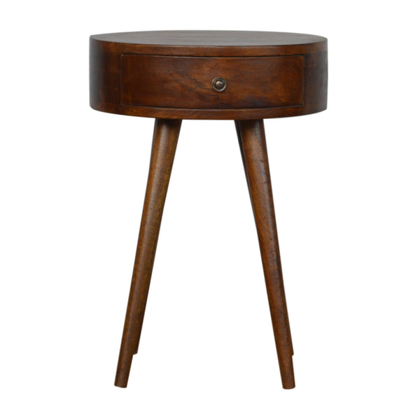 Nordic chestnut bedside table with round design and drawer