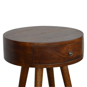 Nordic chestnut bedside table showing circular wooden design