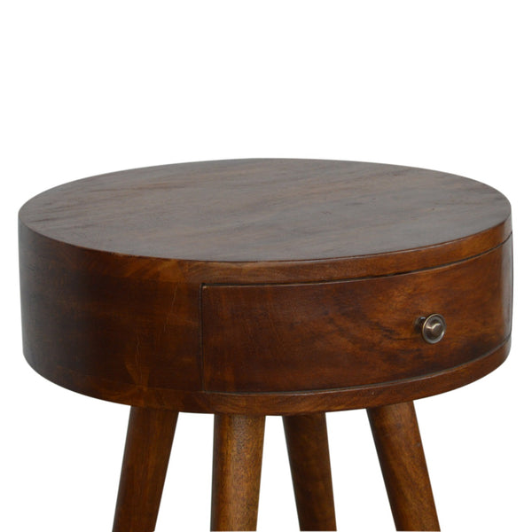 Nordic chestnut bedside table showing circular wooden design
