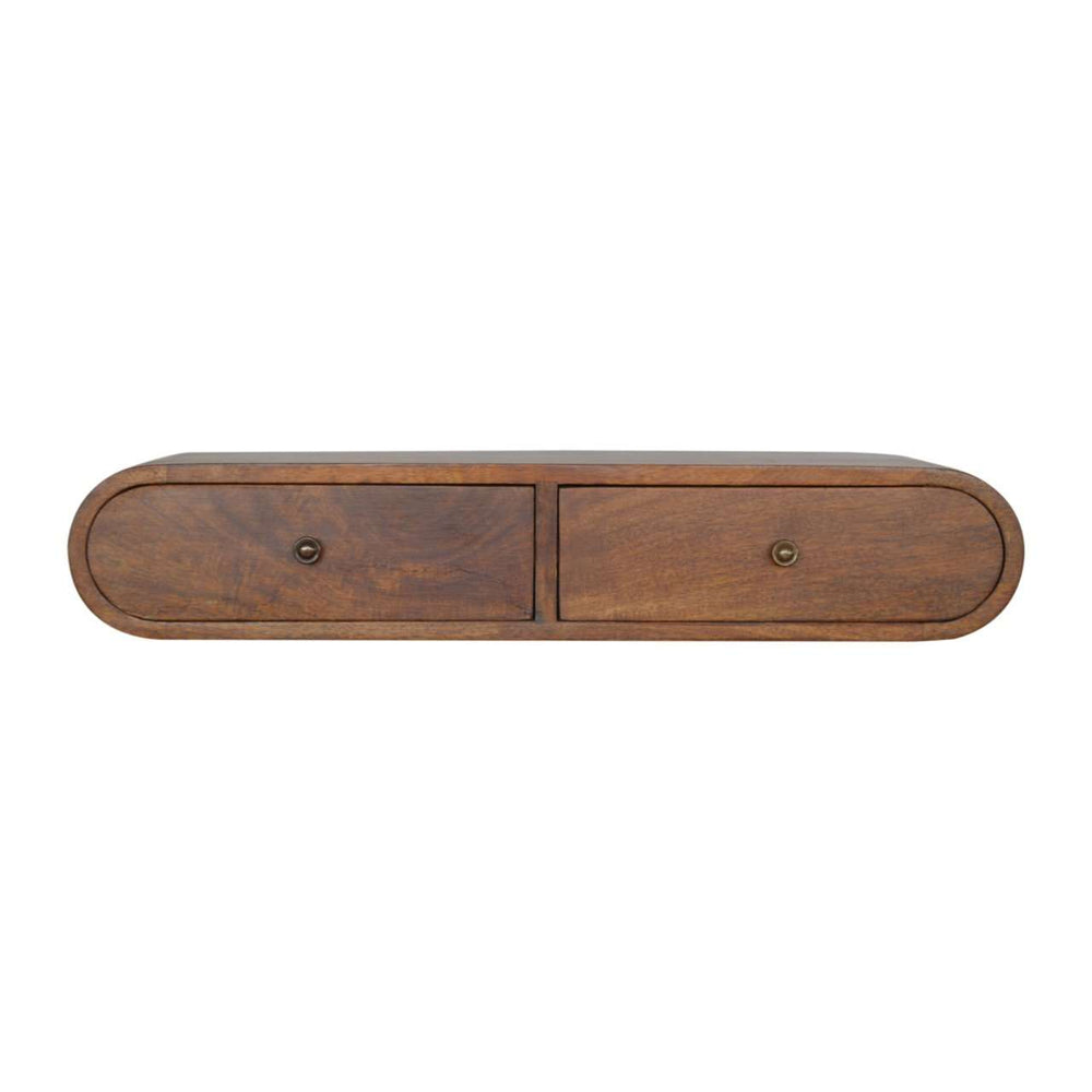 Floating Chestnut London Console wall-mounted curved table with chestnut finish and two drawers