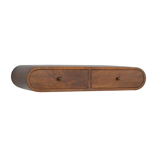 Floating Chestnut London Console wall-mounted curved table with chestnut finish and two drawers