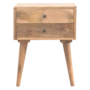 Modern solid wood bedside table with two drawers, mango wood, oak finish, and Nordic legs