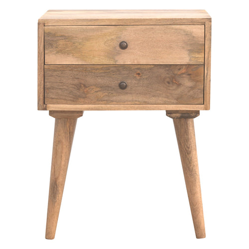 Modern solid wood bedside table with two drawers, mango wood, oak finish, and Nordic legs