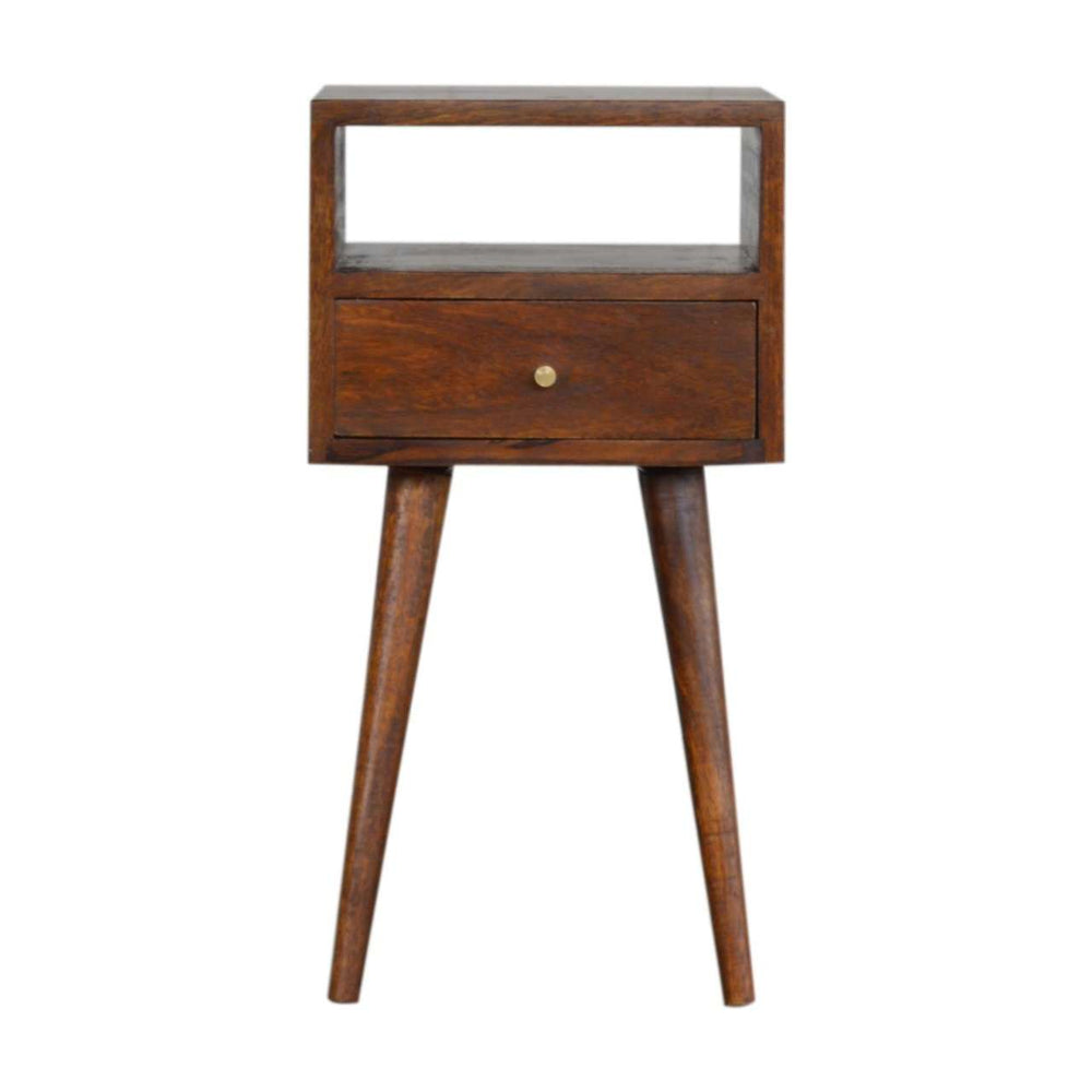 Mini Chestnut Bedside made from solid mango wood with chestnut finish, featuring 1 drawer, 1 shelf, and Nordic wood style legs.