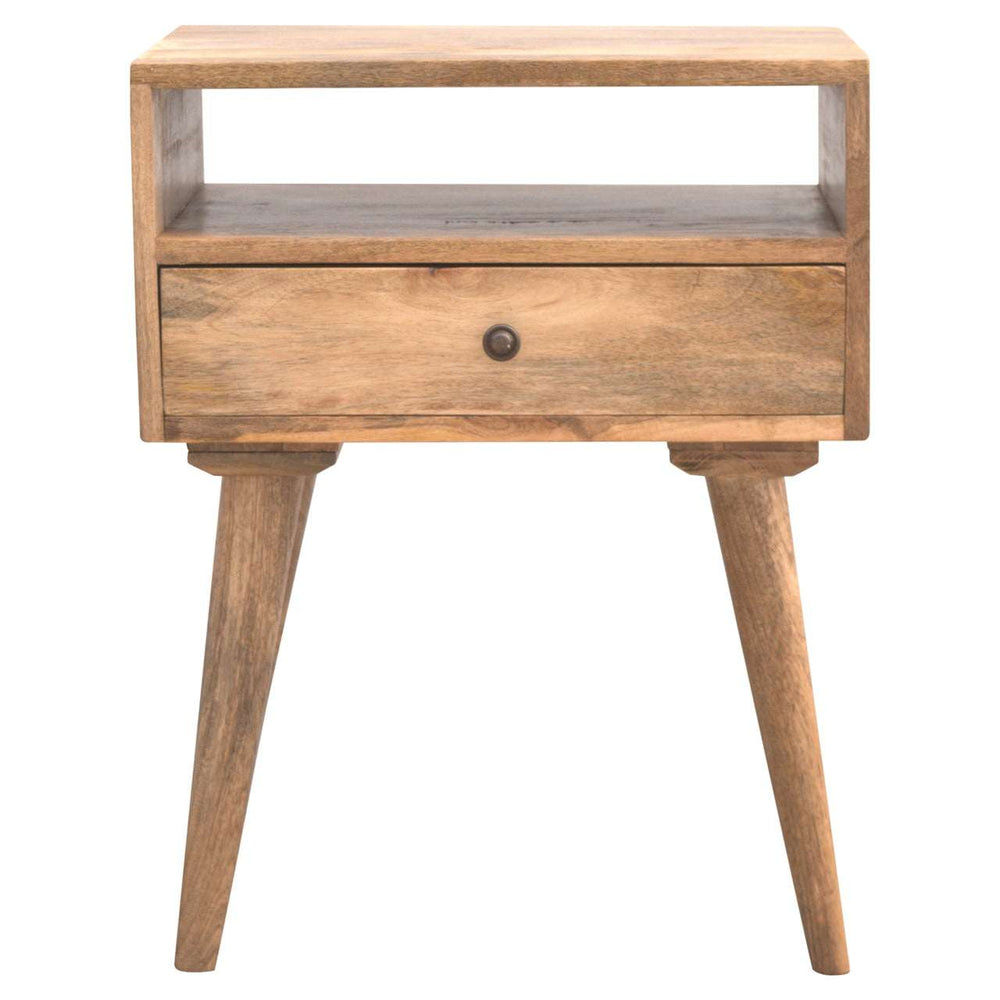 Modern bedside with open slot, drawer, shelf, solid mango wood, oak finish, Nordic legs