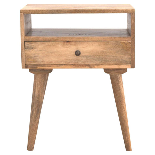 Modern bedside with open slot, drawer, shelf, solid mango wood, oak finish, Nordic legs