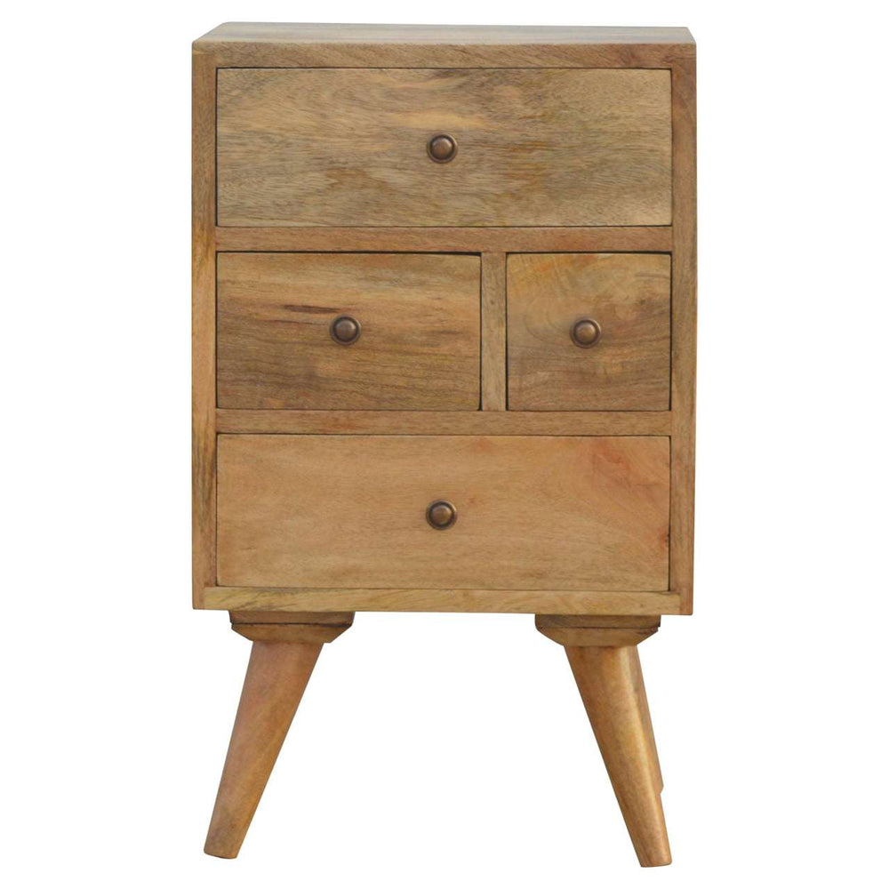 Nordic style 4 drawer bedside table made of solid mango wood with smooth oak finish and shiny knobs