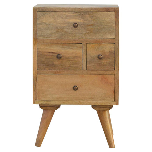 Nordic style 4 drawer bedside table made of solid mango wood with smooth oak finish and shiny knobs