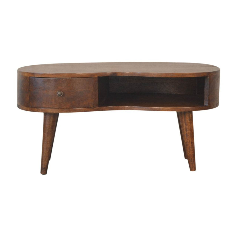 Chestnut Wave Coffee Table made of solid mango wood with rounded edges, open slot, drawer, and Nordic legs in chestnut finish