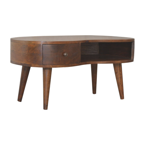 Chestnut Wave Coffee Table made of solid mango wood with rounded edges, open slot, drawer, and Nordic legs in chestnut finish