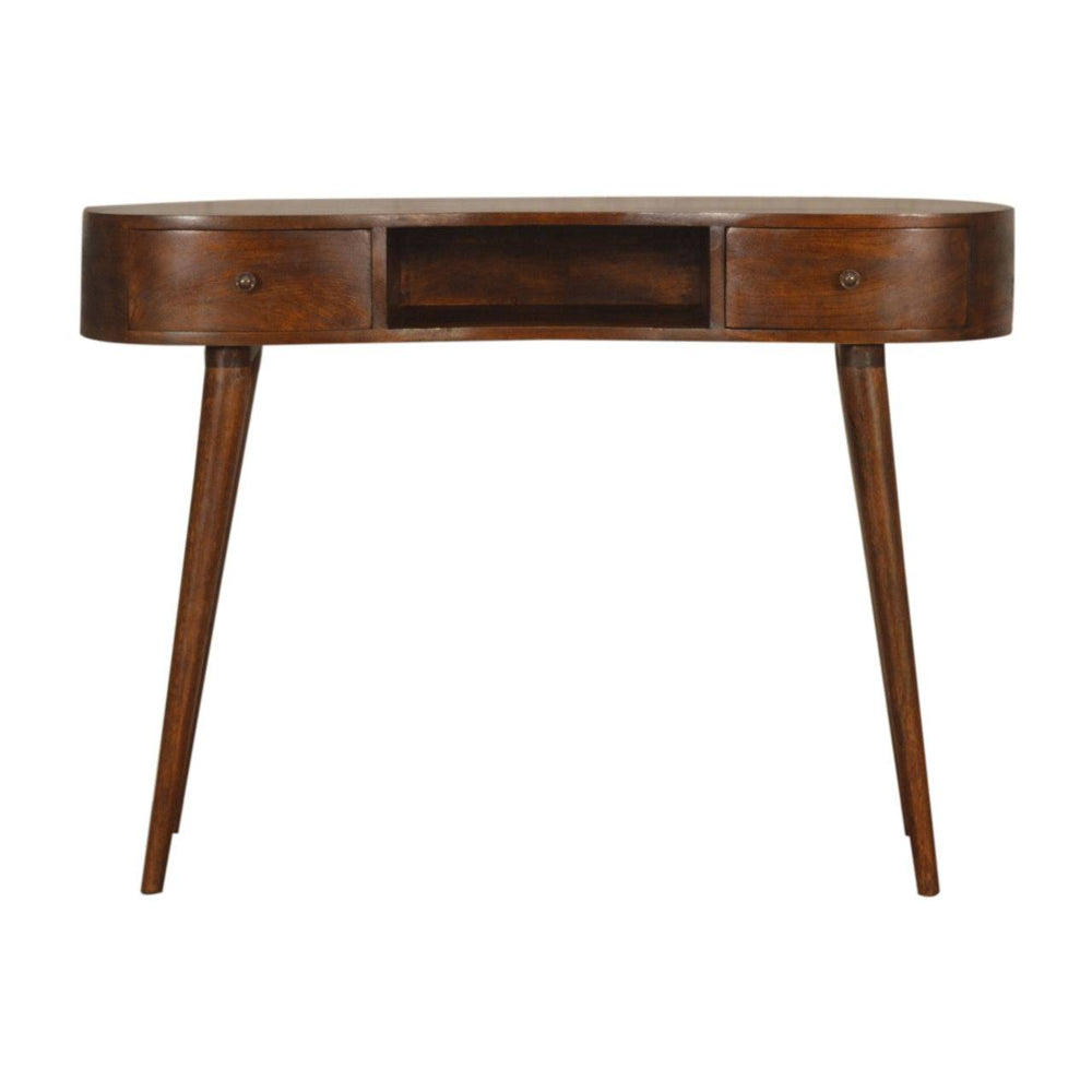 Chestnut Wave Writing Desk made of solid mango wood with rounded edges, two drawers, open slot, and Nordic style legs in chestnut finish