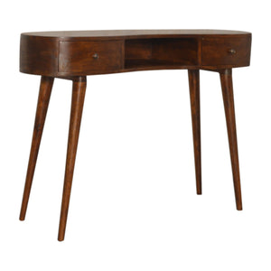 Chestnut Wave Writing Desk made of solid mango wood with rounded edges, two drawers, open slot, and Nordic style legs in chestnut finish