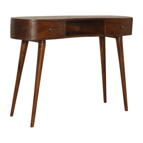 Chestnut Wave Writing Desk made of solid mango wood with rounded edges, two drawers, open slot, and Nordic style legs in chestnut finish