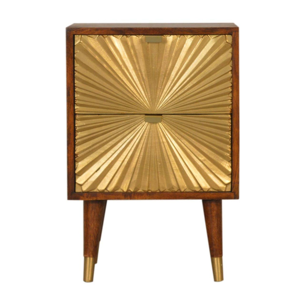 Manila Gold Bedside table with brass-plated drawers and solid mango wood chestnut finish
