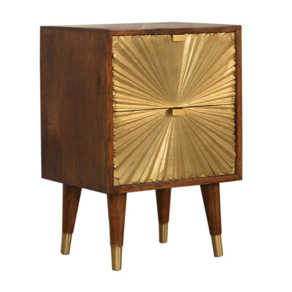 Manila Gold Bedside table with brass-plated drawers and solid mango wood chestnut finish