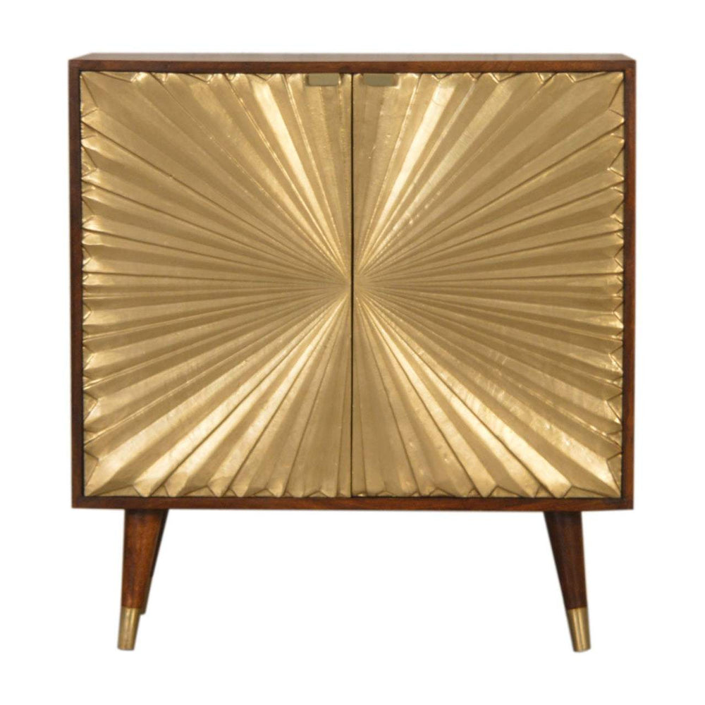 Manila Gold Cabinet with brass-plated doors and brass cap feet in chestnut finish